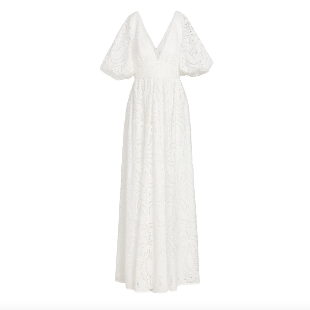 Badgley Mischka Women's Light Ivory Lace Plunge V-Neck Puff-Sleeve Dress Size 6